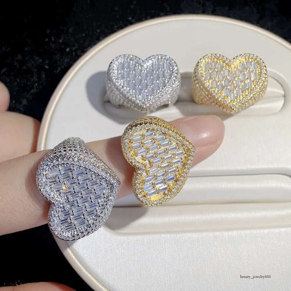 

Big Heart Shaped moissanite Dia 14k gold Full Paved White Baguette CZ Iced Out Bg Square Cubic Zircon Fashion Lover Jewelry Sier Ring for Women Men