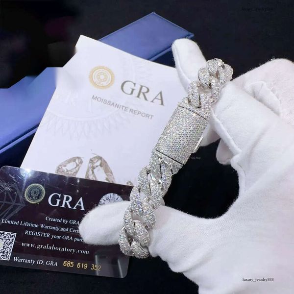 

12mm Width Fashion Wholesale Price Sterg S Sier Iced Out Vvs Moissanite Dia Fine Hip Hop Jewelry Cuban k Chain Bracelet Men for Women