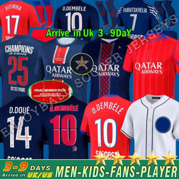 

2025 2026 maillot de foot Kvaratskhelia soccer jerseys CHEVALIER JOAO NEVES HAKIMI football shirt 25 26 hommes BARCOLA Zaire-Emery O.Dembele PARIS final PSGES D.Doue, 25 26 third kids star