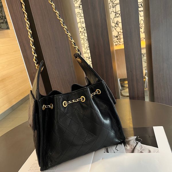 

25c Tote Bag Drawstring Bucket Bag Women Shoulder Bag Caviar Leather Rib Check Gold Hardware Metal Buckle Mattilas Chain Handheld Crossbody Bag Shopping Sacoche 30c, Khaki