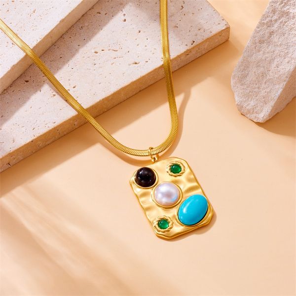 

2025 court-style retro stainless steel chain pearl turquoise black agate jade square Pendant necklace for women fashion match jewelry accessory, Color1