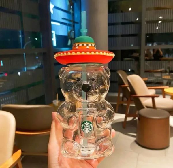Designer Designer 20Oz Star Bucks Green Glass Bear Cup Straw Cute Transparent Tumbler With Hat For Iced Coffee Cold Drink New Year Gifts Wat