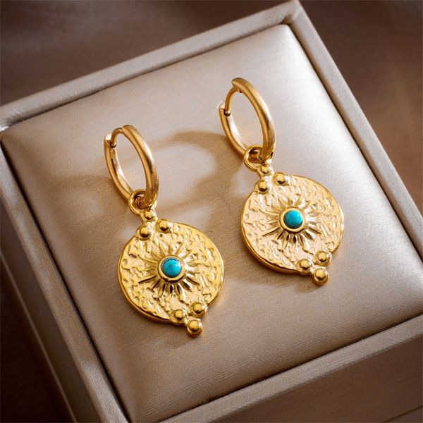 

In Stock 2025 Light Luxury High-end Stainless Steel Synthetic Turquoise Ear Buckles Earrings Water Drop Shaped/Oval/Sunflower Pendant Ear Drops Women Jewelry