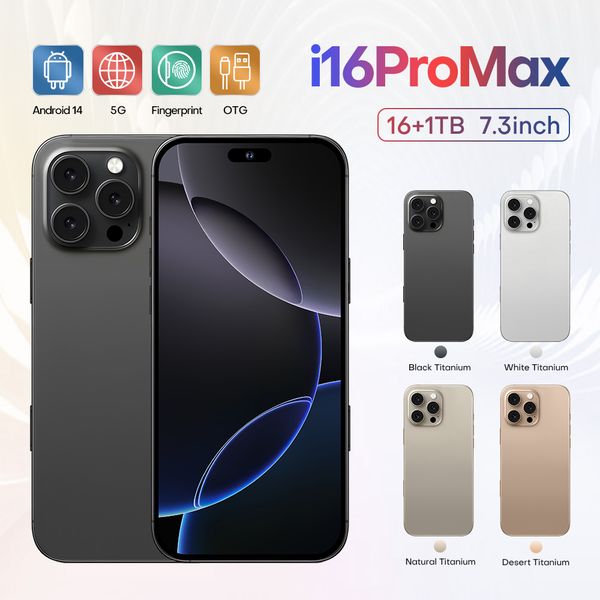 

2025 Hot Cellphone Global Version I16 Pro Max Mobile Original 5G Dual SIM Smartphone 8000mAh HD Screen Cell Phone 16GB+1TB, Black