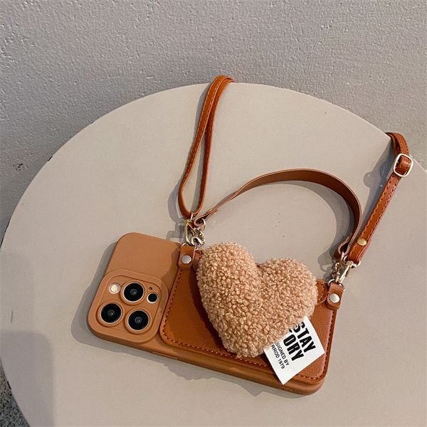 Plush Heart Card Holder Phone Case Compatible with iPhone 17/16 Pro Max Soft Crossbody Protective Case iPhone 17 Pro for Women