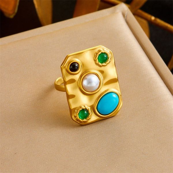 

2025 court-style retro stainless steel pearl turquoise black agate jade square accessory ring for women fashionable band jewelry