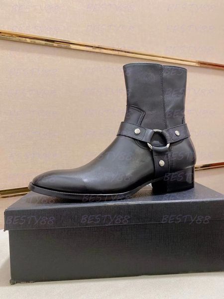 Winter Luxury Brand Booties Wyatt Harness Boot Suede Calf Leather Ankle Strap Biker Boots Stacked Heel Gentleman Chelsea Men's Knight Boot EU38-46 d5