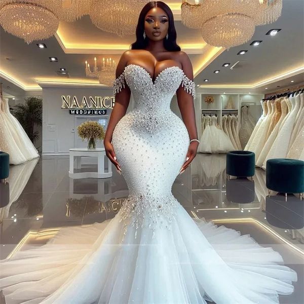 Sparkly Mermaid Wedding Dresses African Girls 2026 Off the Shoulder Crystals Beads Long Bride Bridal Gowns Women Luxury Vestidos De Novia