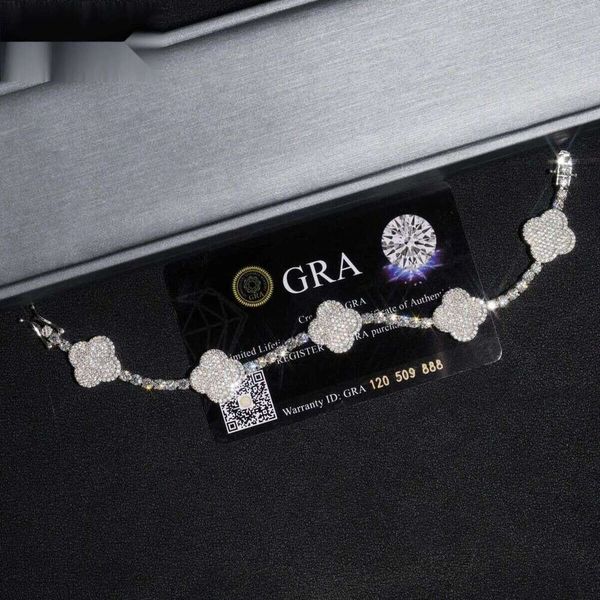 

Stylish New Arrival Fashion Femme Design Sier VVS Moissanite Dia Iced Out Four Leaf Clover Tennis Chain Bracelet Free delivery