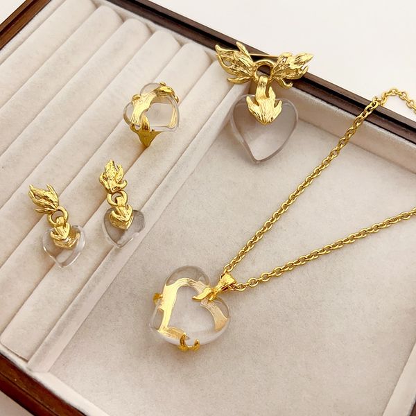 

2025 Best-selling Popular Light Luxury Eco-friendly Metal White Crystal Lava Heart Pendant Necklace Ear Studs Ring High Color Retention Elegant For Ladies Jewelry