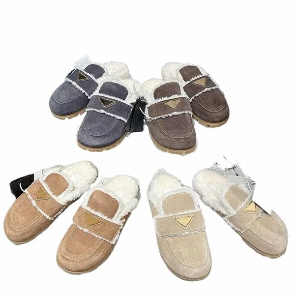 

top quality Suede Fur Slipper Mules Flats shoes Trend Fluffy Furry slipper Slides for women Luxury Designer Fur Slides Winter warm wool shearling Sand S3W6#, Brown