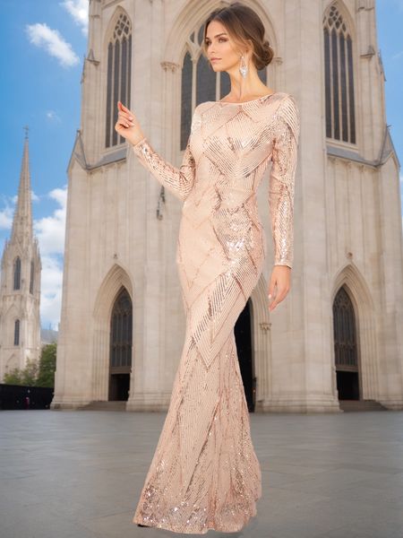 Romagic O Neck Sequin Formal Evening Party Dress Long Sleeves Floor Length Prom Gown Women Celebrity Dresses 2025