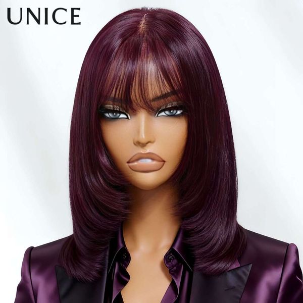 Unice Glueless Lace Wig 100% Human Hair Shoulder-Length With Bangs - Rich Burgundy Color, 150% Density Looking Hairpiece For Men &, Styling, Volume Layers No