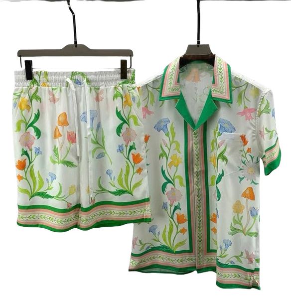 

25ss Casabalna New Trendy Casual Silk Drawstring Straight Leg Shorts Men and Women Hawaiian Vacation Short Sleeve Lapel Button Summer Beach Cardigan Silk Shirt Suit, White