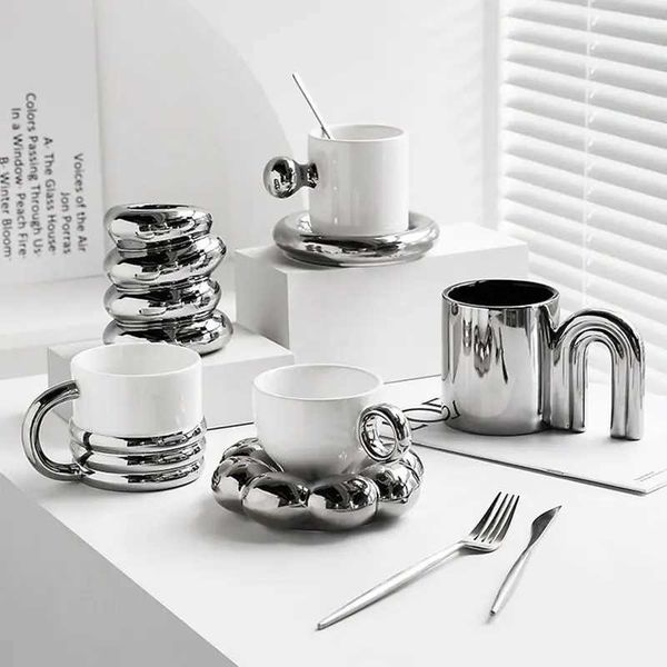 New INS Electroplated Silver Coffee Mugs With Saucer Tea Cup Water Drinking Cups Dessert Dish Breakfast Milk Mug With Tray T260428