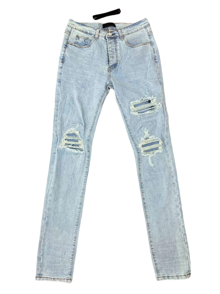 

Casual Men's Ripped Skinny Jeans - Italian Stretch Denim with Distressed Detailing & Knee Suede Patches, Gold