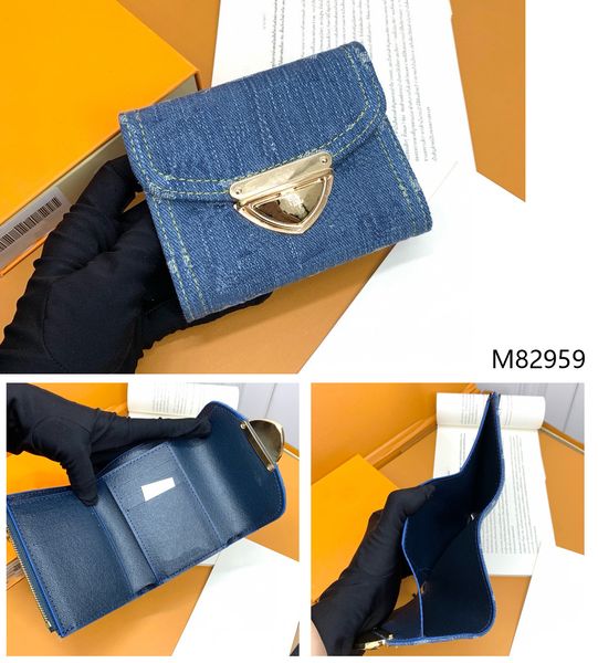 

Designer leather Wallet High quality clip Metal buckle Blue Cowboy Wallet Lattice zipper Luxury Women Card Holder Purse credit card holder Handbag With box M82959, #3