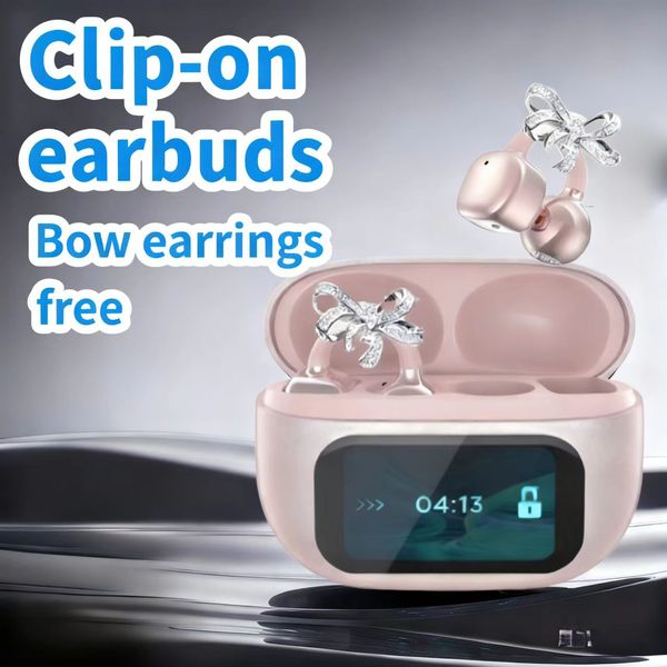 Clip On Earbuds Wireless Bluetooth Open Ear Headphones Waterproof with Touchscreen LCD Display Comfortable for Sports Running with Bow Earrings