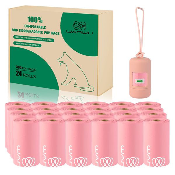 

Compostable Poop Bags for Dogs - Corn Starch Base, Leak-Proof, Durable Doormat Design with Pink Trim, 360 Counts