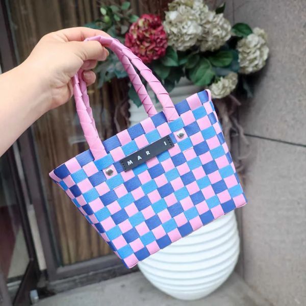 

Women's Fashion New woven bag Small square bag Plastic basket bag Small colorful basket portable photo with beach shopping bag ID stylisheendibags, Red