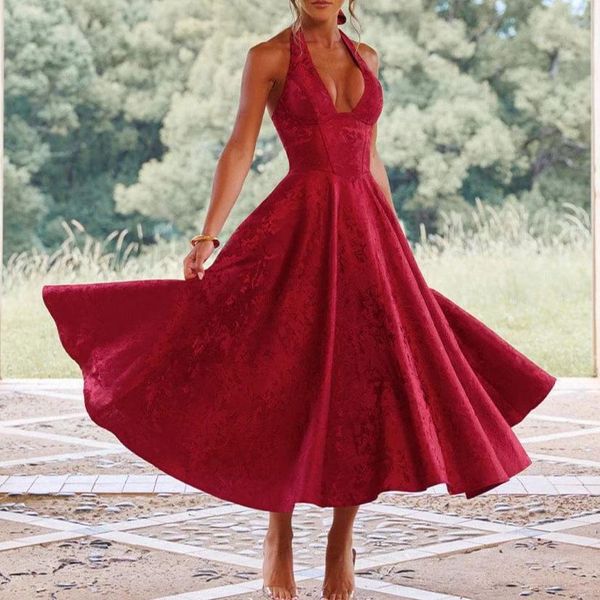 

Women Summer French Floral Sundress Bridesmaid Gown Tie Waist Vacation Dresses Smocked Waist Deep V-Neck Halter Neck Party, Promotional items