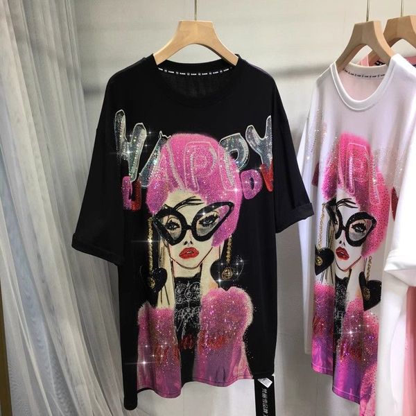 

Stylish Cartoon Design Sparkle Top for Ladies - Solid Color Options: Black, White