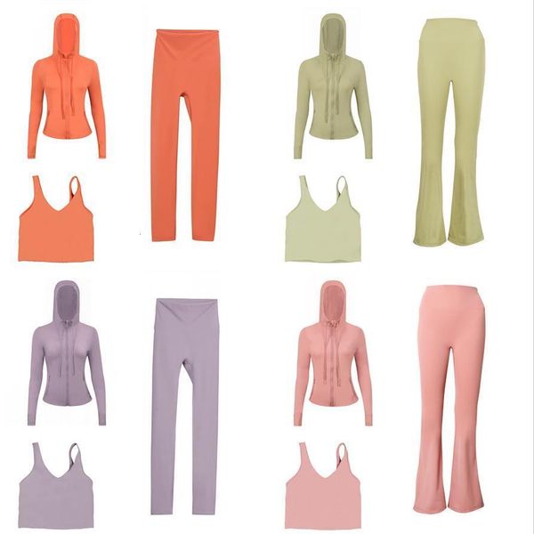 

Designer Women Yoga Clothes 3 Piece Set with Long Sleeve Hooded Jacket Crop Top Vest and Bell Bottom Leggings Pants Comfortable Stretchy Gym Set Pilates Athleisure, Pink