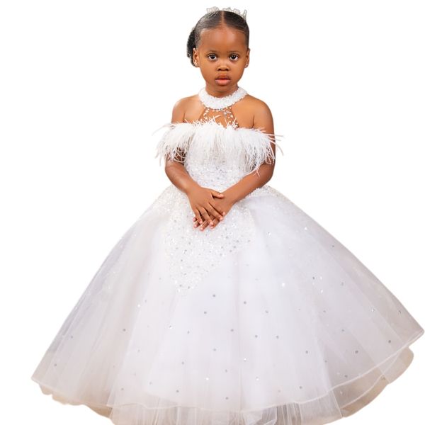 

2026 White Ball Gown Flower Girl Dresses Crystals Feather Sequined Tulle Little Girl Christmas Peageant Birthday Christening Tutu Dress Gowns ZJ427, Pink