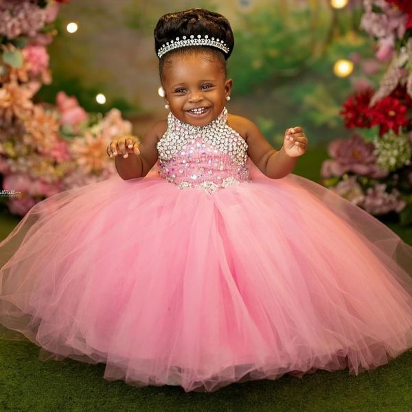 

2026 Pink Ball Gown Flower Girl Dresses Crystals Halter Tulle Little Girl Christmas Peageant Birthday Christening Tutu Dress Gowns ZJ422