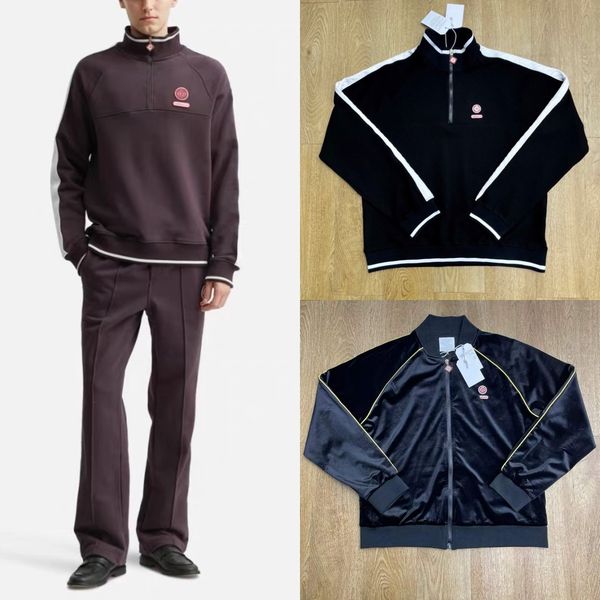 

25aw Casabalnc High-Quality New Trend Designer Webbing Striped Cotton Straight Pants Men High Collar Casual Long-Sleeve Half-Zip Hoodie Pullover Sweatshirt Coat Set, Champagne