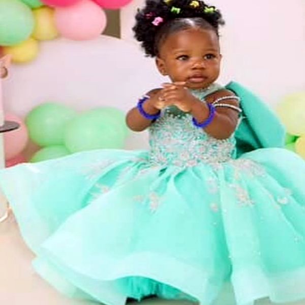 

2026 Mint Ball Gown Flower Girl Dresses Lace Beaded Tulle Sheer Neck Little Girl Christmas Peageant Birthday Christening Tutu Dress Gowns ZJ4242, White