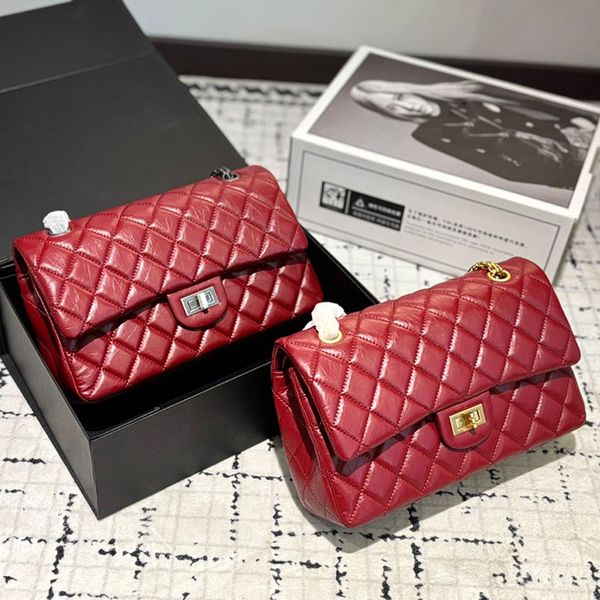 

Women Classic 2.55 Shoulder Bag Double Flap Aged Gold Silver Square Buckle Hardware Metal Chain Calfskin Designer Handbag Nine Colors Cross Body Tote 26x15cm, Brown