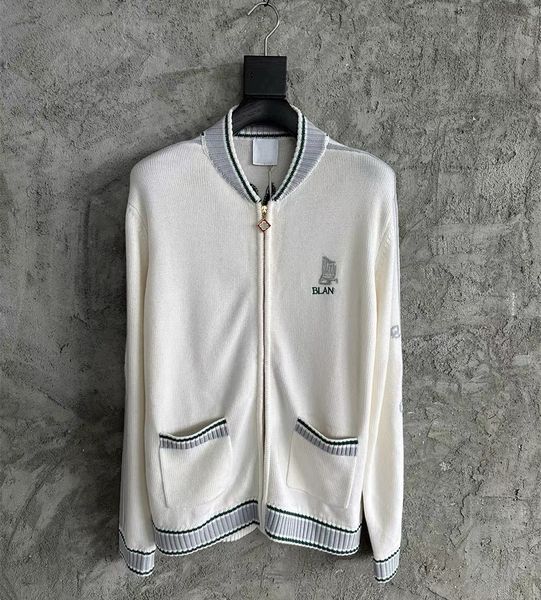

26ss Casabalnc High-Quality Men Designer Zip-Up Knit Jacket for New Letter Embroidery Vintage Casual Loose Stand Collar Wool Blend Knit Cardigan Sweater Coat Tops tn, Lightyellow