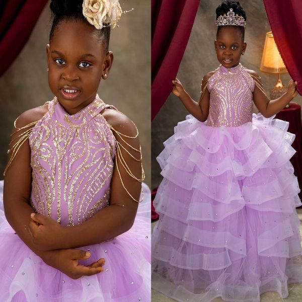 

2026 Lilac Ball Gown Flower Girl Dresses Crystals Beadings Tiers Tulle Little Girl Christmas Peageant Birthday Christening Tutu Dress Gowns ZJ4241, Lanvender