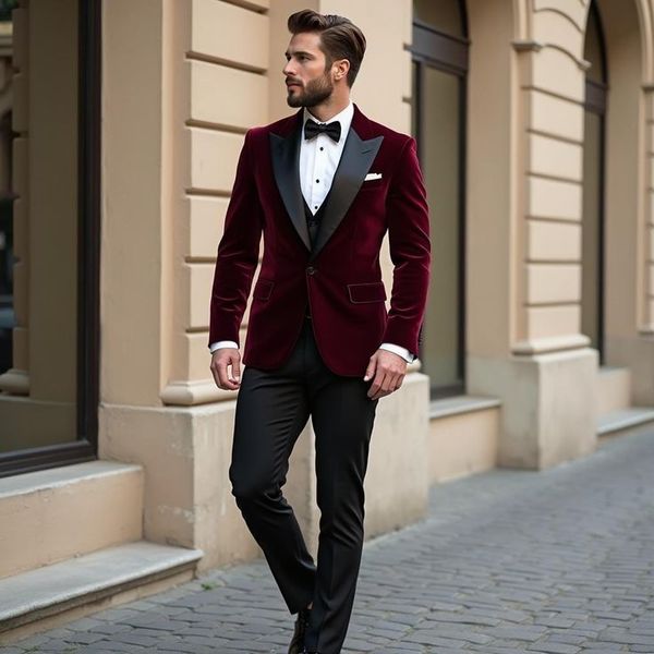 Two pieces Classic Wedding Tuxedos Black Peaked Lapel Burgundy Velvet Slim Fit Men Suits Handsome Prom Party Blazer Pants Formal Groom Wear