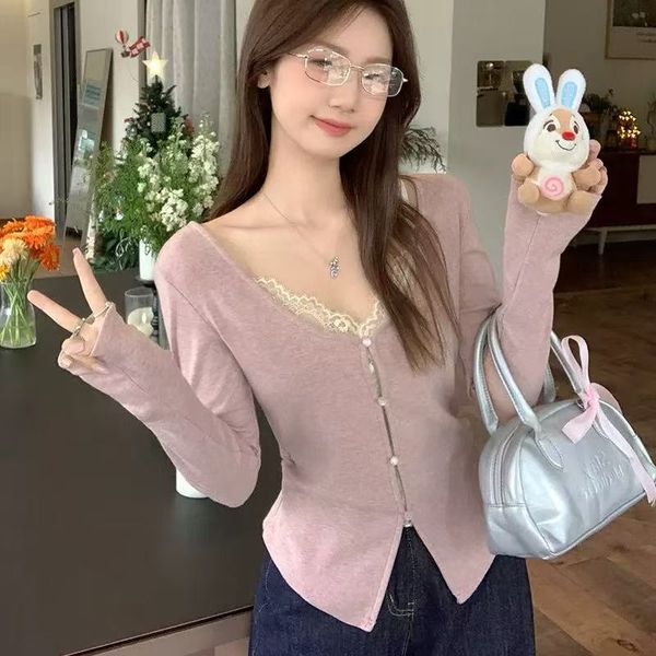 

Pink lace stitching long sleeve cardigan t-shirt women's spring 2025 new chic and beautiful inner bottoming shirt top