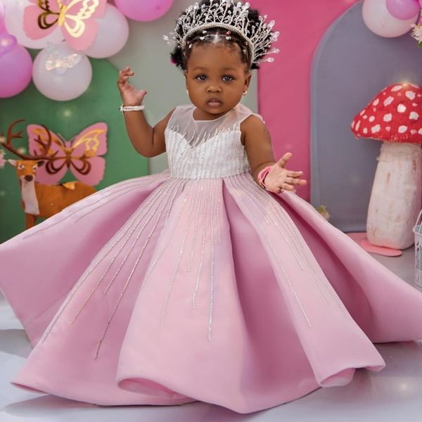 

2026 Pink Ball Gown Flower Girl Dresses Beaded Sheer Neck Satin Little Girl Christmas Peageant Birthday Christening Tutu Dress Gowns ZJ424, Grape