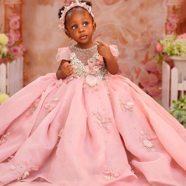 

2026 Pink Ball Gown Flower Girl Dresses Sheer Neck Flowers Crystals Organza Elegant Little Girl Christmas Peageant Birthday Christening Tutu Dress Gowns ZJ4276, Lanvender