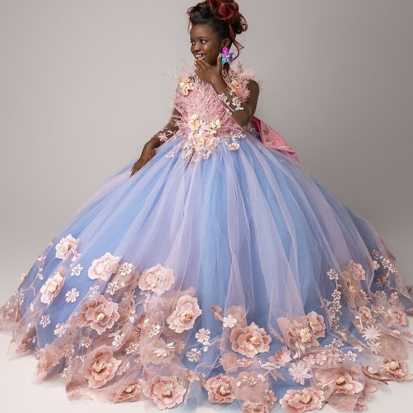 

2026 Light Sky Blue Ball Gown Flower Girl Dresses Tulle Flowers Floral Lace Little Girl Christmas Peageant Birthday Christening Tutu Dress Gowns ZJ4276, Ivory