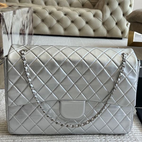 

40cm Vintage Women Designer Jumbo Classic Flap Bag Shopping Tote Caviar Calfskin Lambskin Leather Golden Silver Hardware Chain Airport Travel Shoulder Wallet, Caviar gold