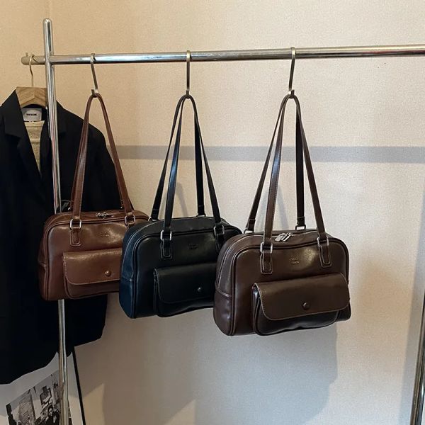 

NEW Free shipping designer bags for womens Oil wax leather double bag leisure black beige brown European and American niche design handbag, Item#1