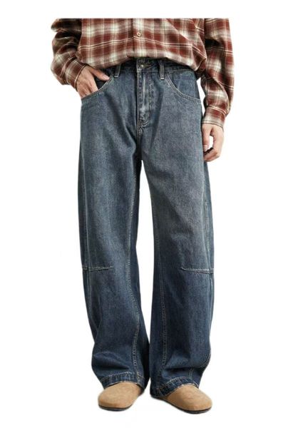 

Yizhi men's American retro wide-leg jeans men's spring and autumn loose draped dad pants washed large size pants, Blue