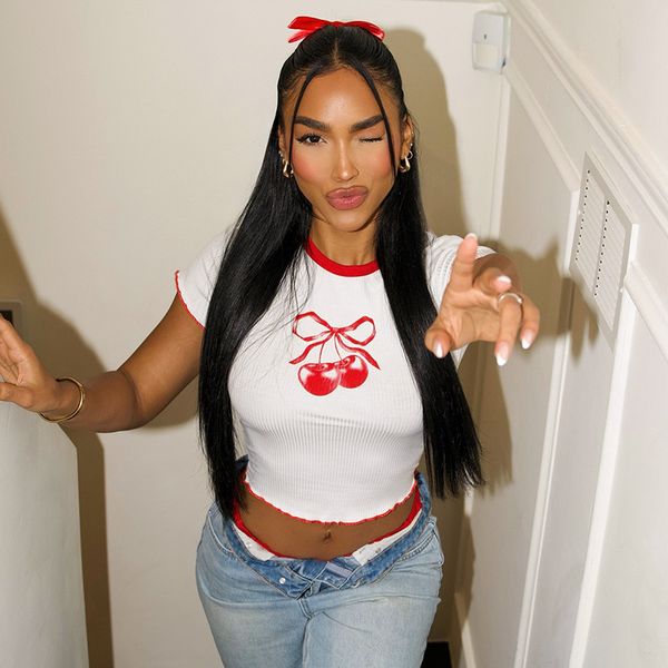 Womens Round Neck Cherry Printed Color Block Crop Top Going Out Tops Short Sleeve Basic Tee Shirt Y2k T Shirts for Teen Girls