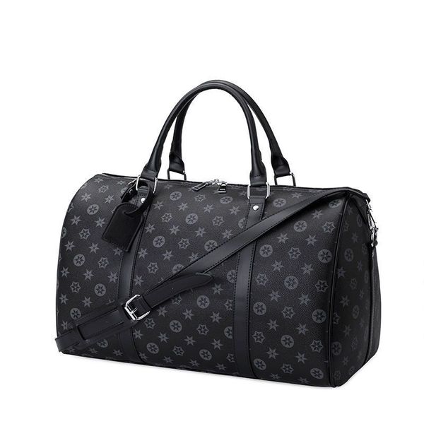

55Cm Leather Large Capacity Women Travel 2026 Sale Quality Men Shoulder Duffel Bags Carry On Luggage Bottom Rivets With Lock Head, Black grid