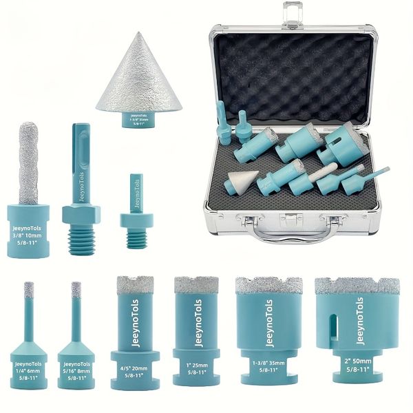 

10PCs Diamond Core Drill Bits Set 6/8/20/25/35/50mm Drill Bits & 35mm Beveling Chamfer Bit & 10mm Finger Milling Bit & 2PCs Adapter Tool Box For Men Power Tools