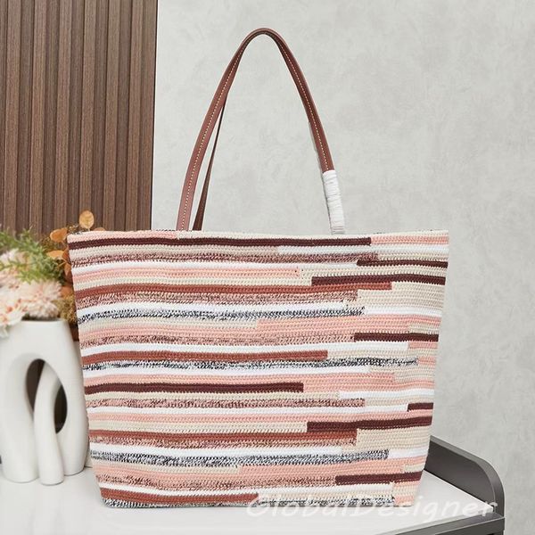 

multicolored women handbag large capacity designer crochet tote bag luxury summer hand-woven leather handles embroidery letters high quality lady shopper purse 7A, Color 1