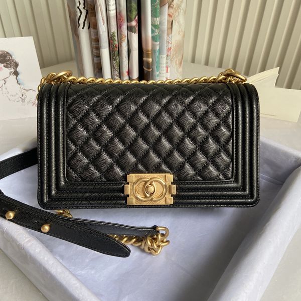

Designer bag handbag tote bag leboy bag leboy 25 shoulder bag caviar high-quality bag style lychee leather shoulder strap gold buckle diamond grid flip cross bag., #10