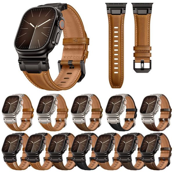 Rugged Leather Band for Apple Watch Ultra Band 49 46 45 44mm Vintage Genuine Leather Bracelet Strap for iWatch S11 10 9 8 7 6 5 4 SE Ultra Smartwatch Wristband