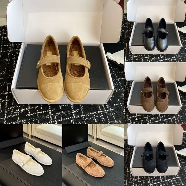 Winter shoes Round-toed genuine Leather fur Ballet flats Fluffy furry Shearling Warm brown Luxury Mary Jane loafers womens ballet flat designer shoes girl shoe