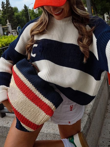 

designe Women's Sweaters Striped Sweater Knitted Pullover Loose Women Long Sleeve sweater 2025 Autumn Chic Casual Spicy Girl BFG2502077, White